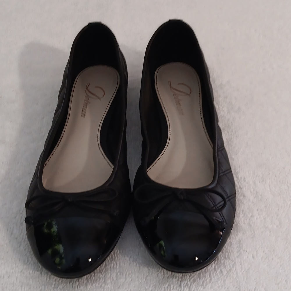 Delman ballet flats black quilt pattern w/ lace bow ties on shiny toe size 7-7.5